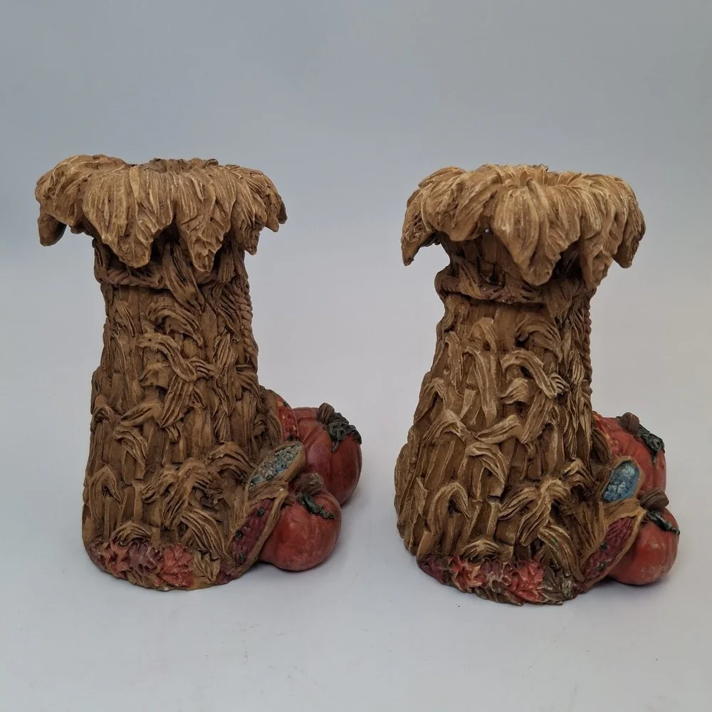 Kurt Adler Resin Thanksgiving Harvest Cornstalk Candle Holders Pumpkin Set 2